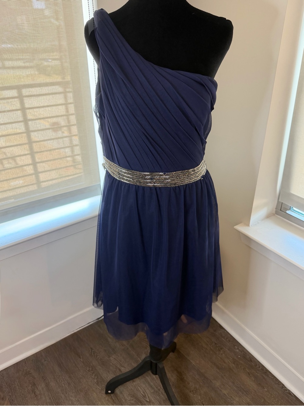 Max and Cleo Navy One Shoulder Pleated Dress Beaded Waist Size 10